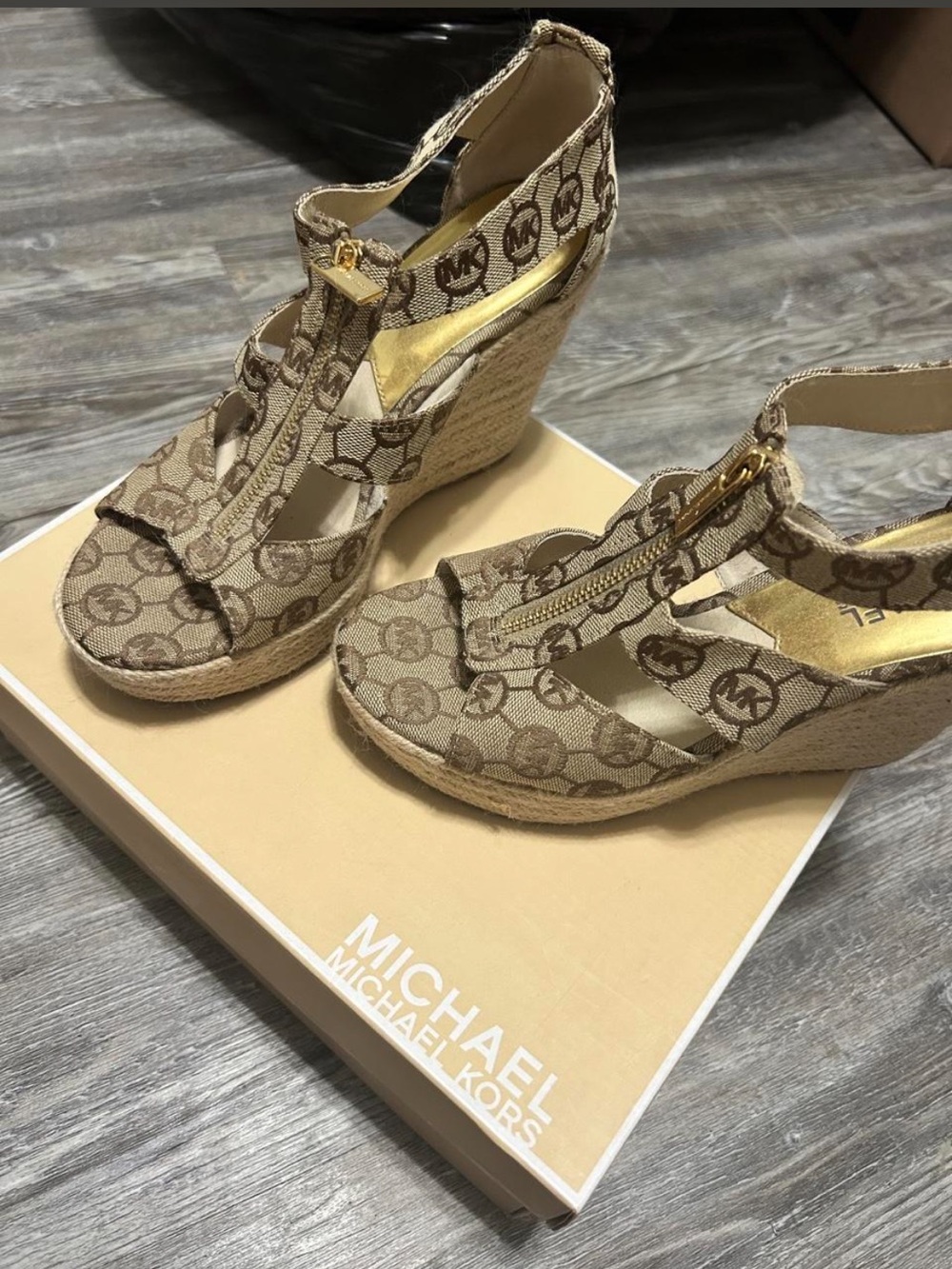 Michael Kors Tan Logo Espadrille Wedge Sandals with Gold Zip